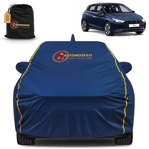 AUTOMOZEXO® Hyundai New I20 100% Waterproof Car Cover (Midnight Blue) 6LYR HDPE 200gsm Strong Fabric for All Weather Protection, Mirror & Antenna Pocket, Cotton Layer Cover, Adjustable Elastic Straps