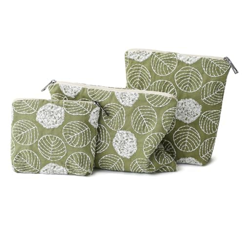 BBORGDC Small Cosmetic Bag Set of 3 for Purse, Green Floral Cotton Makeup Pouch Set, 3 Sizes Zipper Organizer for Travel & Toiletries, Gift for Her Birthday, Bridesmaid & Best Friend