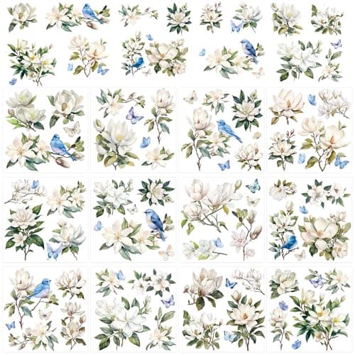 White Magnolia Rub on Transfers for Crafts 12 Pcs Vintage Flower Rub on Transfers for Furniture Floral Rub on Sticker Decals UV DTF Transfer Stickers DIY Crafts for Wood Glass Home Decor