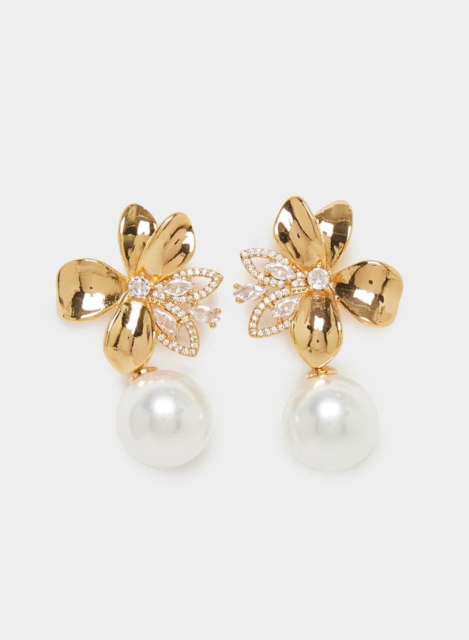 Gold Flower Pearl Drop Earrings