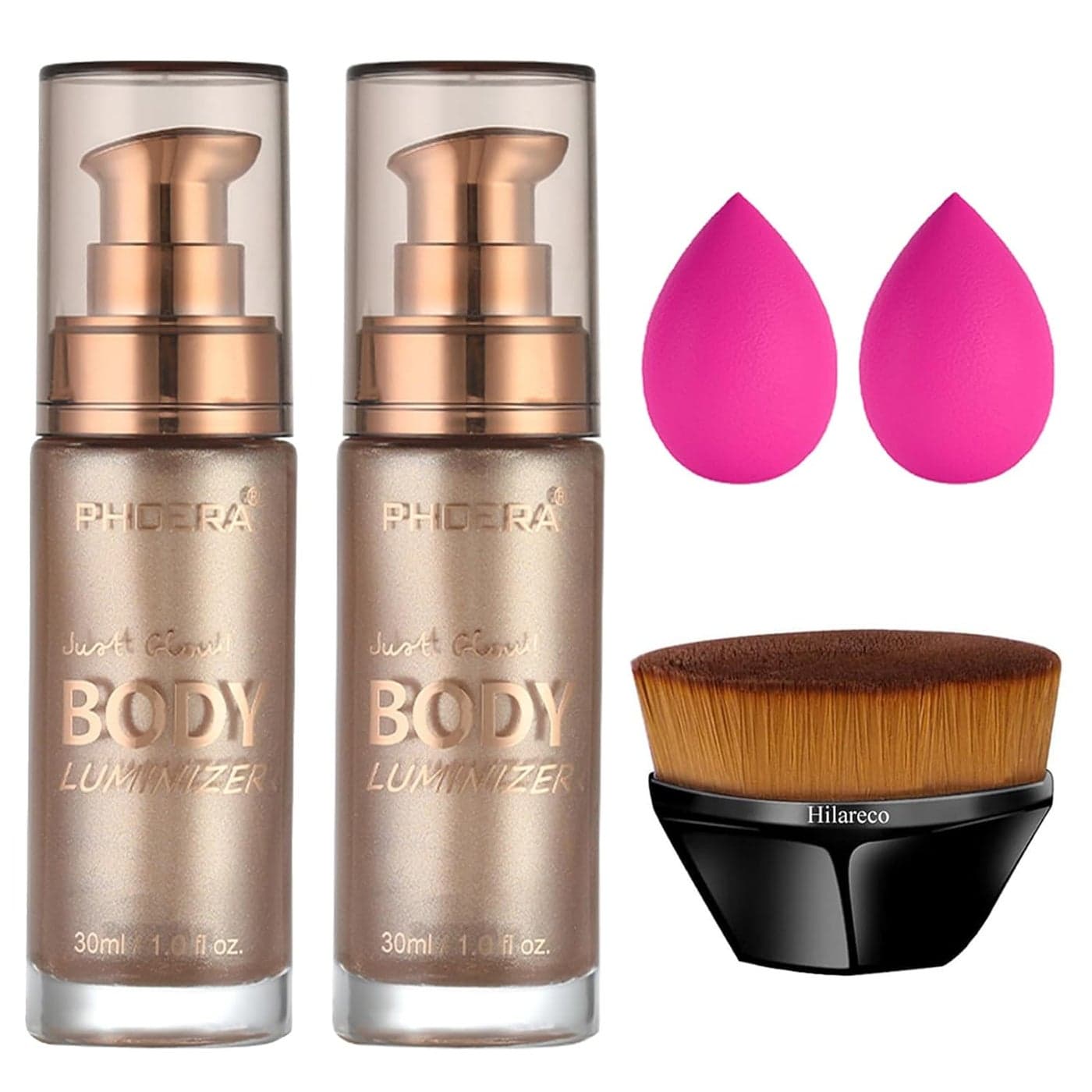 PHOERA Body Shimmer OilWaterproof Long Lasting Moisturizing Body Luminizer Glow Body Illuminator Highlighter for Face with Makup Bursh 1ozJars2PCS 101 Rose Gold