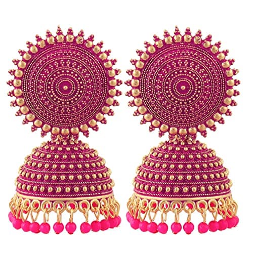 Fashion Frill Mesmerizing Traditional Gold Plated Floral Golden Pink Jhumkas Pearl Studded Earrings For Women Girls (Pink)