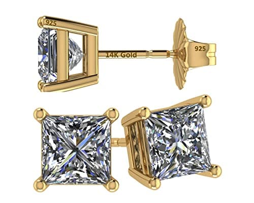 Central Diamond Center 14K Gold Posts & Sterling Silver Princess Cut CZ Stud Earrings Made with Swarovski Zirconia - 6.0mm 3.00cttw - Yellow Gold Plated