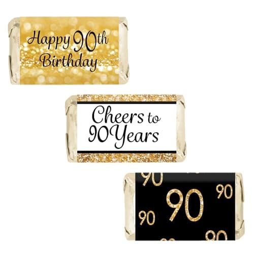 Black and Gold 90th Birthday Party Mini Candy Bar Wrappers, 90th Birthday Decorations - 42 Stickers