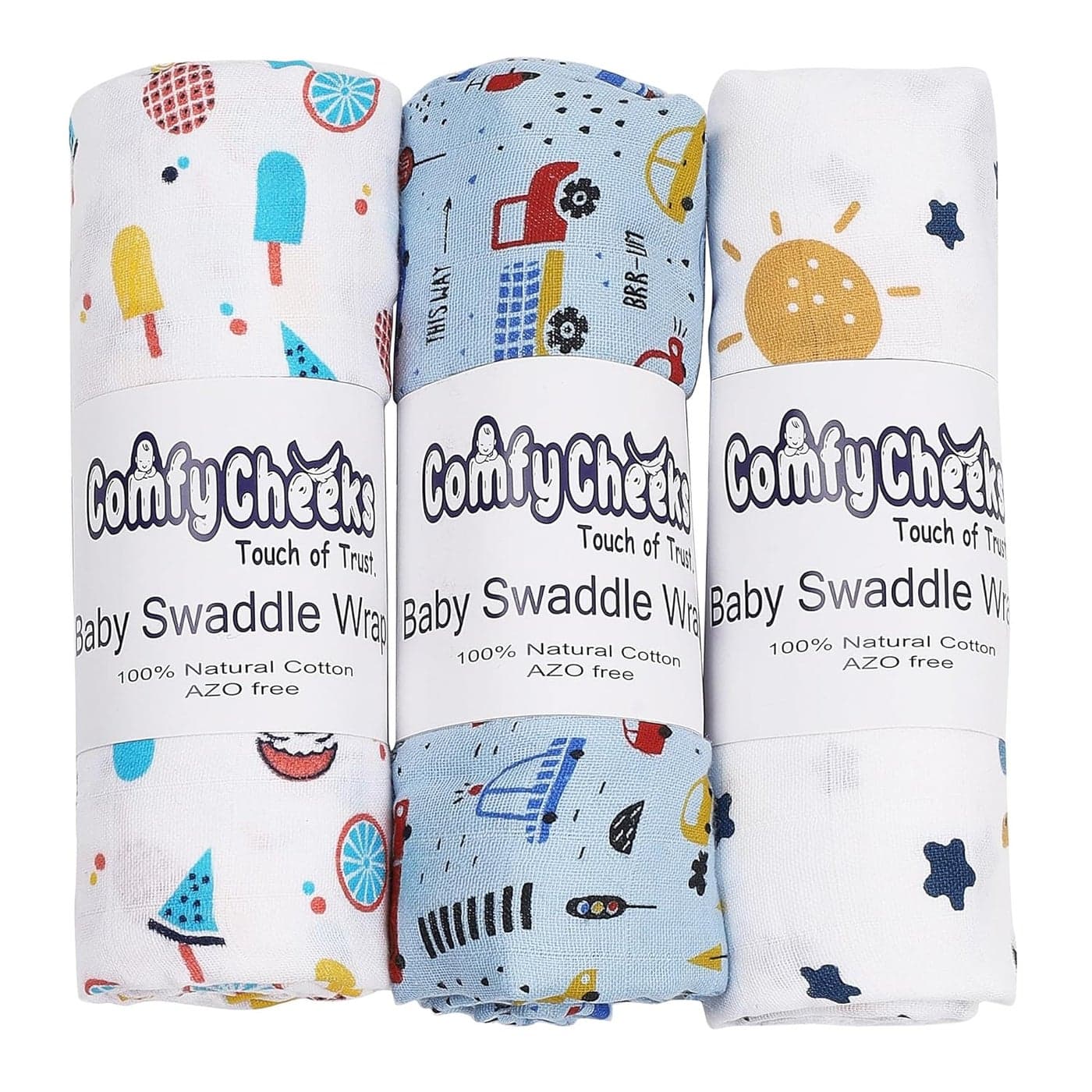 Comfy Cheeks 100 Cotton Muslin Baby Swaddle Set Pack of 3 Size115cm x 100cm Swaddlers for 018 Month Printed Mulmal Muslin Swaddle Wrap for Newborn BabyBaby Towel