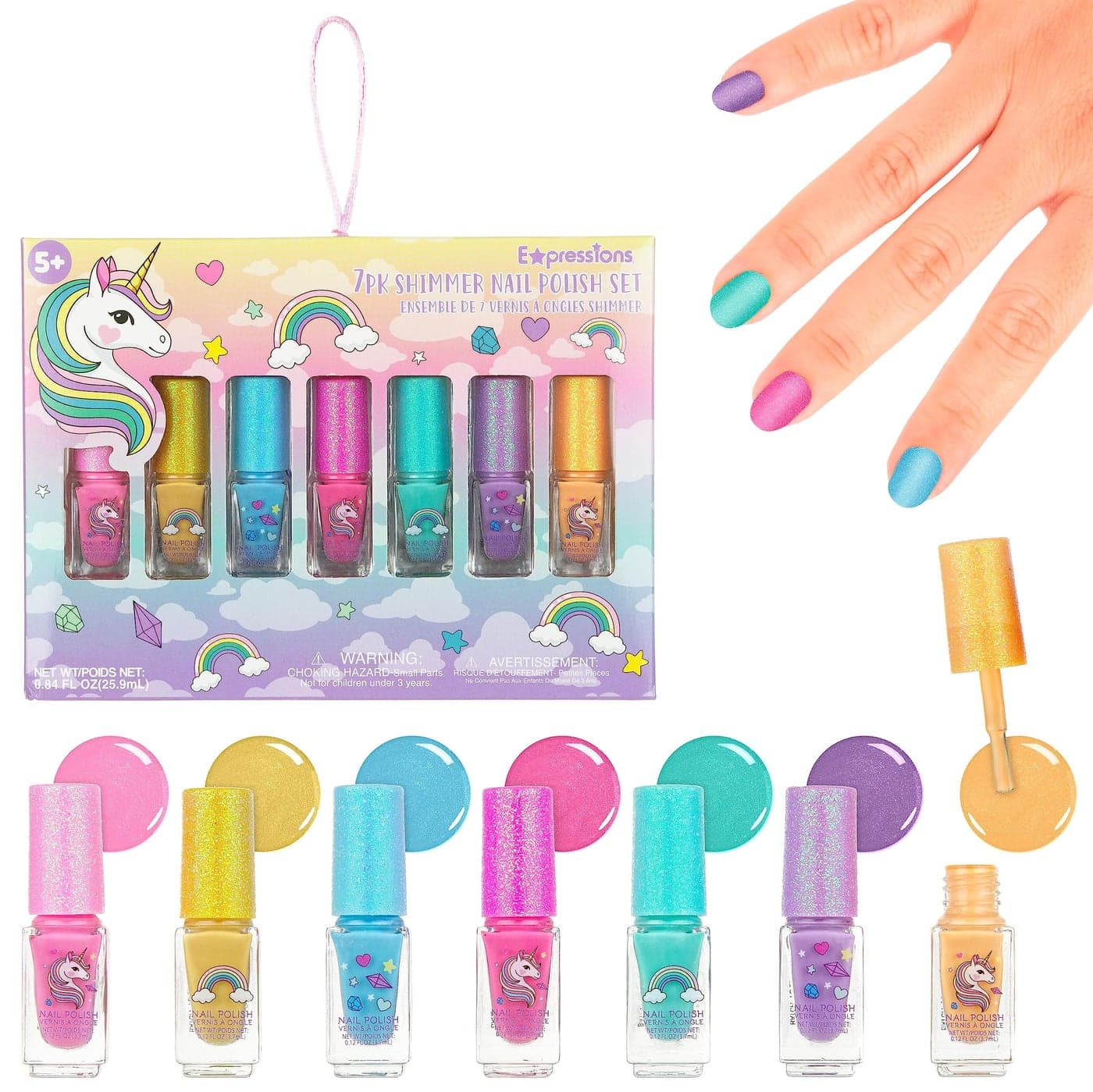 7pc Unicorn Shimmer Nail Polish Set for Girls Glitter Cap NonToxic Quick Dry Manicure Pedicure Kit Vibrant Assorted Shades