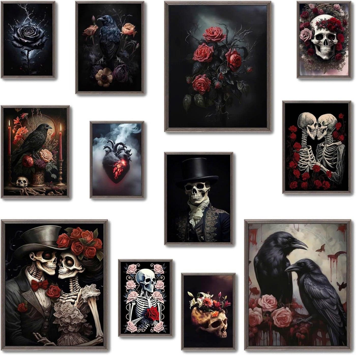 LANCHI95 Romantic Gothic Wall Art, Gothic Home Decor, Wall Art Skull Poster, Halloween Prints Black Raven Decor, Spooky Gallery Prints Moody Floral Aesthetic Pictures for Bedroom (12PCS - UNFRAMED)