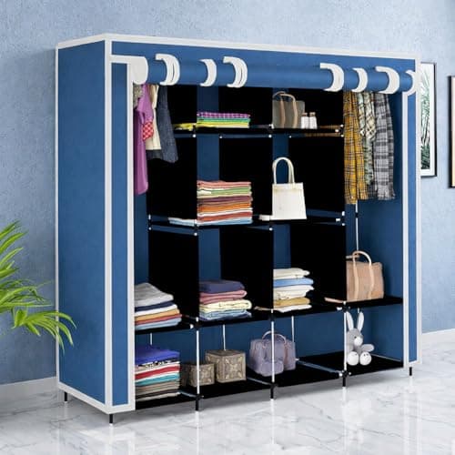 Whitecloud TRANSFORMING HOMES 12-Shelf Collapsible Wardrobe, Portable Foldable Design, Dustproof Non-Woven Cover, Sturdy PP Resin Shelves, Blue, Standard