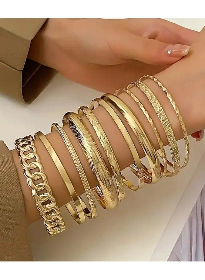 Set Of 10 Unique Glossy Chain Stack Middle Eastern Golden Wind Men's And Women's Closed Mouth Bracelet Set