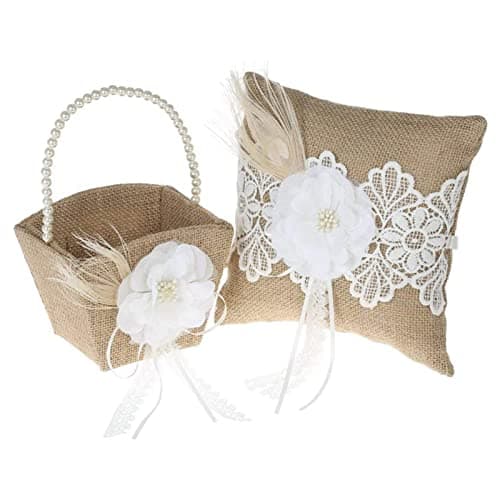 Rustic Burlap Flower Girl Basket, Vintage Wedding Jute Basket with Pearl Double Love Heart Bowknot For Vintage Wedding Ceremony Party Decoration (Ring Bearer Pillow Basket)