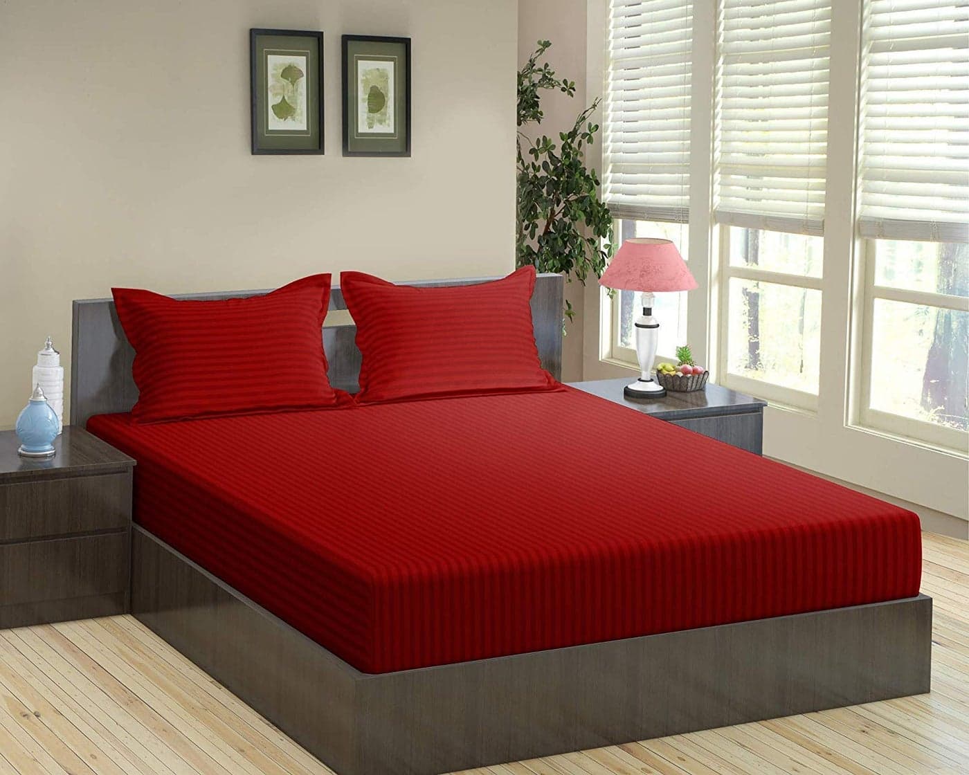 HOME ELITE 300 TC 100% Cotton Satin Stripes King Bed Sheet & 2 Pillow Covers Set for Hotels, B&B (Burgundy, Double Bed, Flat Stripe Bedsheet) (90x100 Inches)