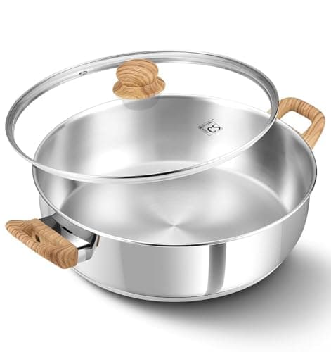 KOCH SYSTEME CS Stainless Steel Saute Pan with Lid, 12 Inch Deep Frying Pan with Double Handles, 5.5 Quart 18/10 Stainless Steel Pan with Cool-Touch Bakelite Handle, Deep Frying Pan, Induction Ready