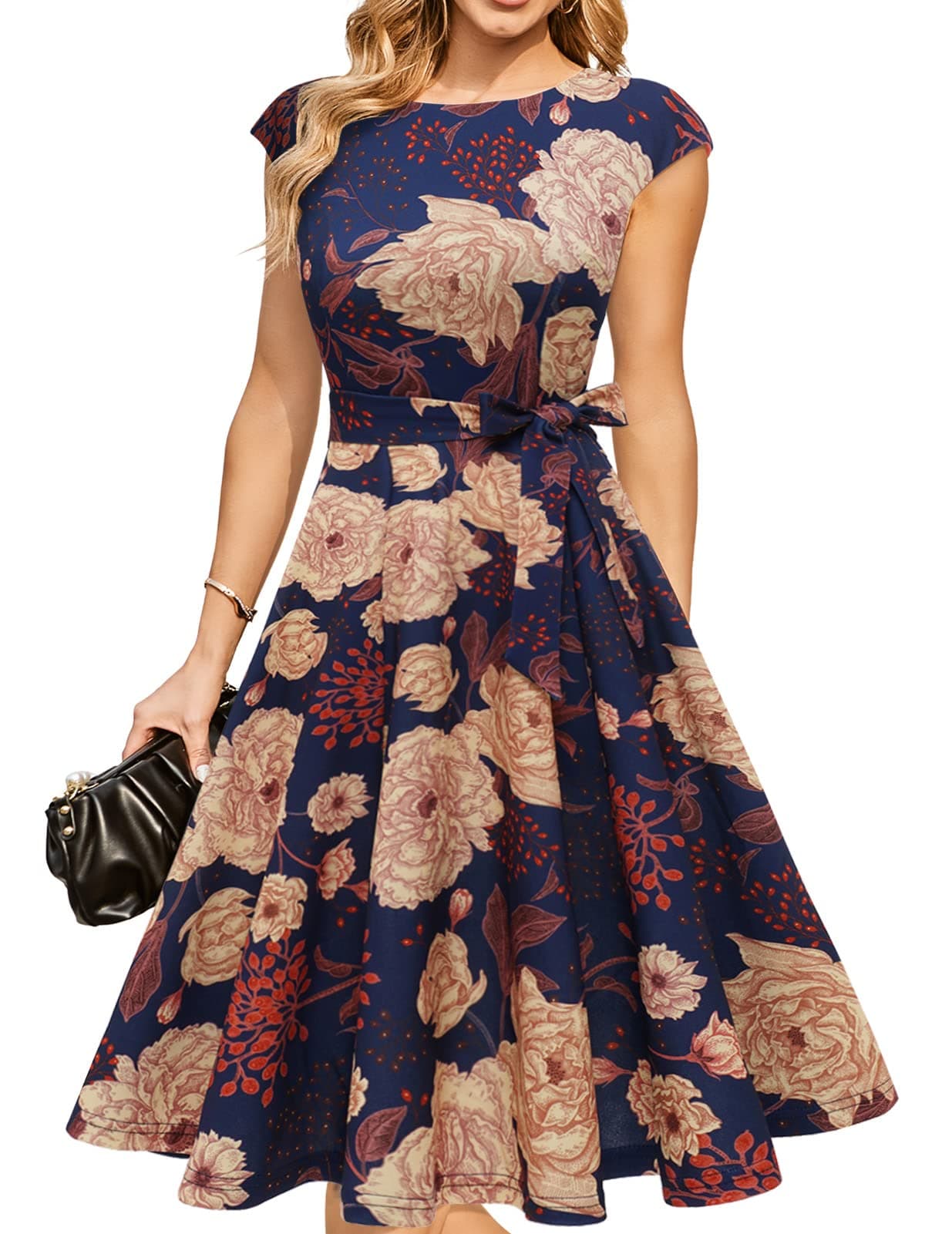 DRESSTELLS Womne's Cocktail Dresses for Wedding Guest Formal Floral Holiday Party 1950s Vintage Tea Length Audrey Hepburn Dress Navy Yellow Flower M