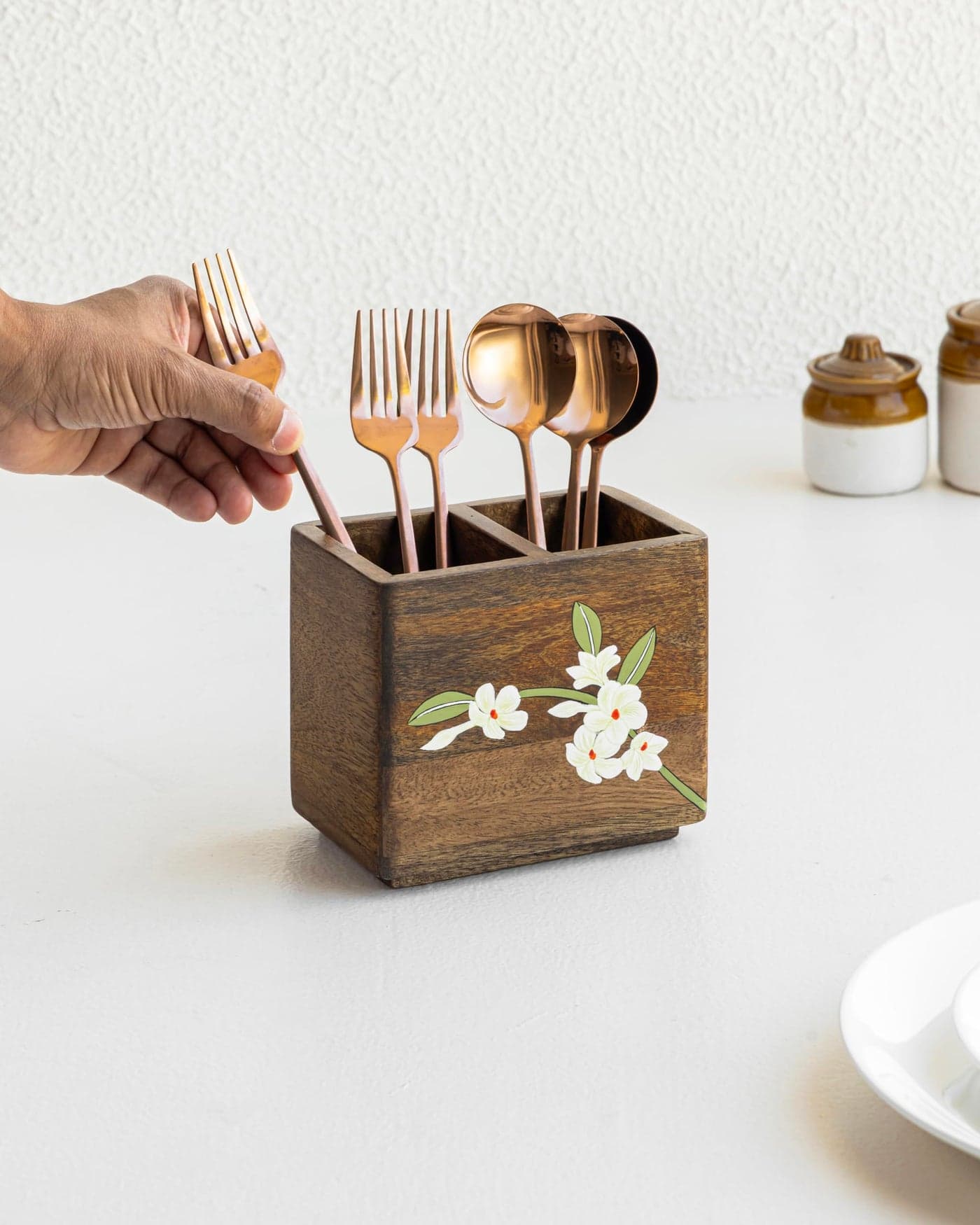 Aurum Crafts Bella Mango Wood Cutlery Stand | Spoon & Fork Stand for Kitchen | Cutlery Holder for Dining Table | Multipurpose Kitchen Organizer (15 x 15 x 15 cm / 6 x 5 x 5 inches)