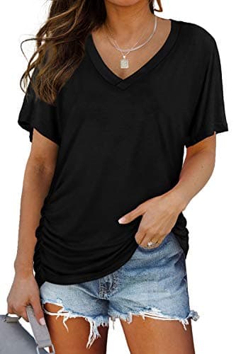 Black Womens Summer Tops Dolman Short Sleeve Shirts Business Casual Outfits Cross V Neck Loose Fit Ladies Tops Blouses Cruise Summer Tshirts L