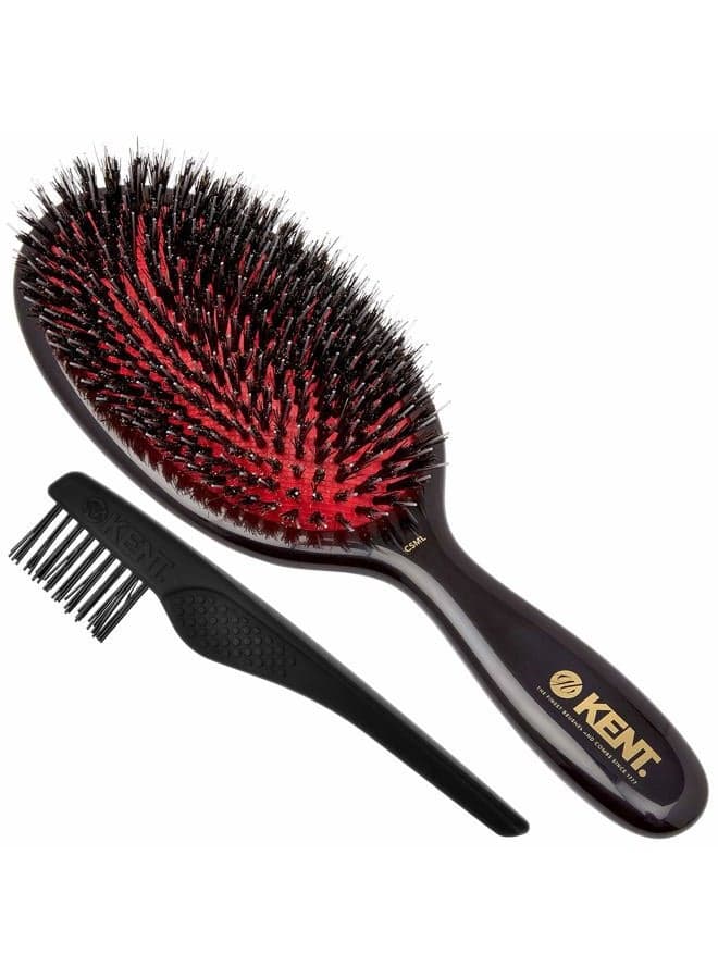 Kent CSML Classic Shine Large Oval Cushion Straightening Brush, Natural Boar Bristle Hair Brush with Nylon Quills, Hair Brush Detangle for Thick Hair and LPC2 Hair Brush Cleaner. Made in England