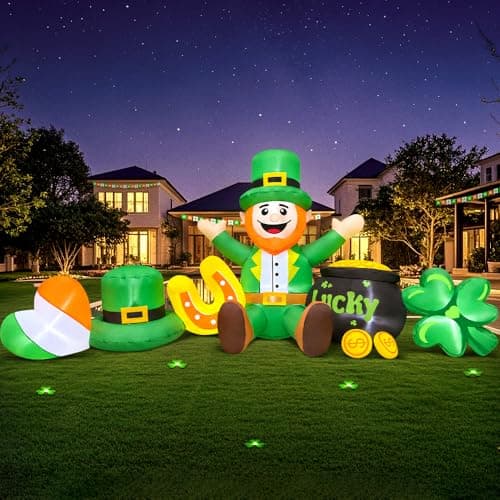 8FT St Patricks Day Inflatables Outdoor Decorations,Inflatable Leprechaun with Clover & Gold Coins Combo Blow Up Yard Decorations for Holiday Party Yard Lawn Garden