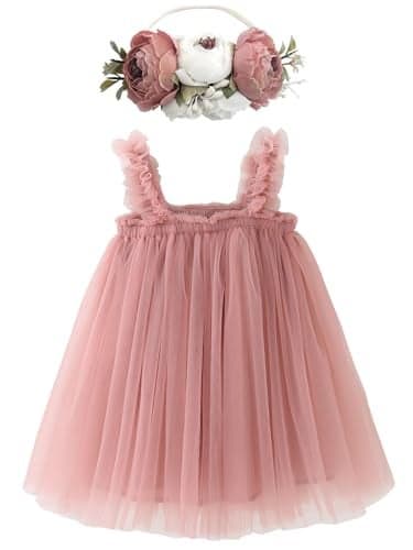 BGFKS Layered Tulle Tutu Dress for Toddler Girls,Baby Girl Rainbow Tutu Princess Skirt Set with Flower Headband.(Dusty Rose,12 Months)