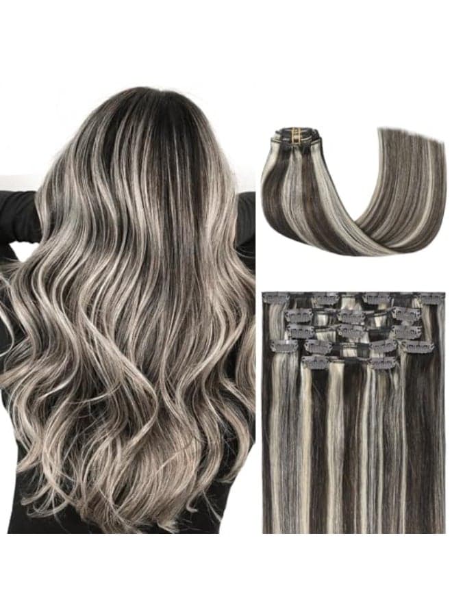 Honsoo Clip In Hair Extensions Real Human Hair Dark Brown to Blonde 18in 70g 7pcs Vrigin Natural Hair For Women