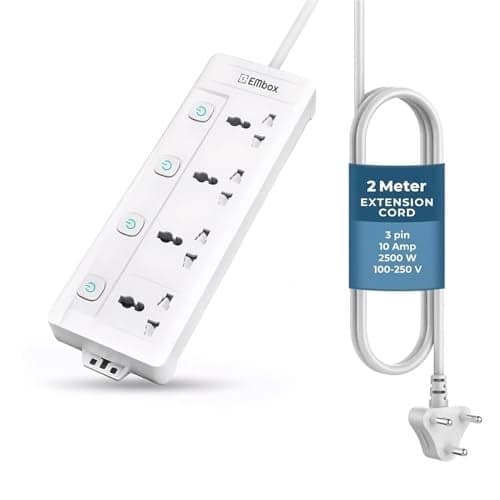 EMBOX Extension Board with Switches 2500 W, 4 Universal Sockets, Individual Switch, Safety Shutter, 6 amp Spike Guard, LED Indicator and Safety Shutter
