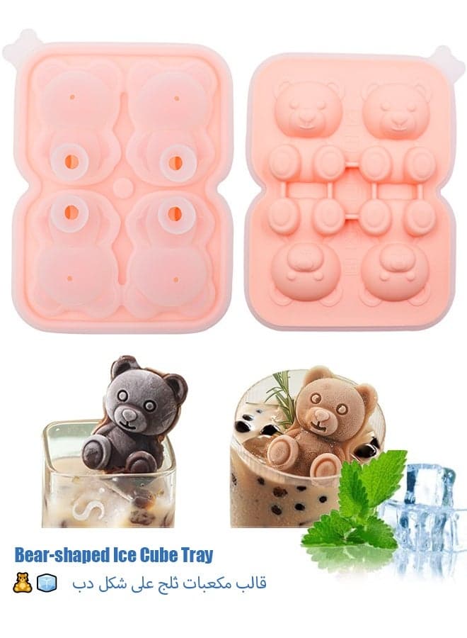 3D Cute Bear Ice Cube Mold 4 Cavity Silicone Animal Mold Ice Cube for DIY Iced Coffee Milk Tea Beverage Drink Decoration Reusable and BPA Free Pink