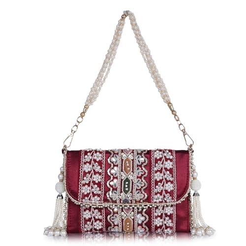 PLANX SILK Stylish Fancy Designer Potli Bag – Embroidered Pearl Handle Festive Clutch