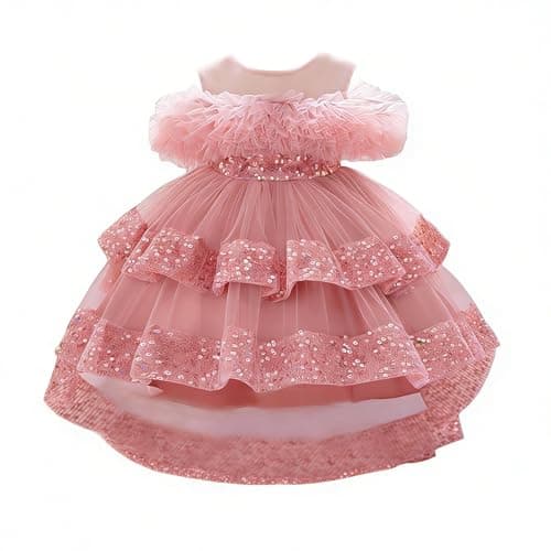 MIEKISA Baby Girls Tulle Sequin Sleeveless Dress Toddler A-Line Princess Gown with Ruffles (US, Age, 9 Months, 12 Months, Pink)