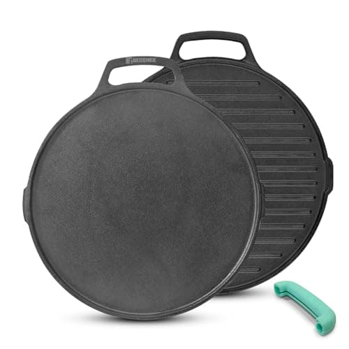 BERGNER Eco Cast Iron 26cm Double Side Grill Pan, Loha Pan, Pre-Seasoned Finishing, Even Heat Distribution, Corrosion Resistant, Comes with Silicone Sleeves - Induction Compatible and Gas Stove Ready