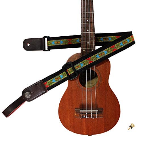 MUSIC FIRST Original Design Vintage Mysterious Aztec Soft Meshbelt & Genuine Leather Ukulele Strap Ukulele Shoulder Strap With a Genuine Leather Strap Locker