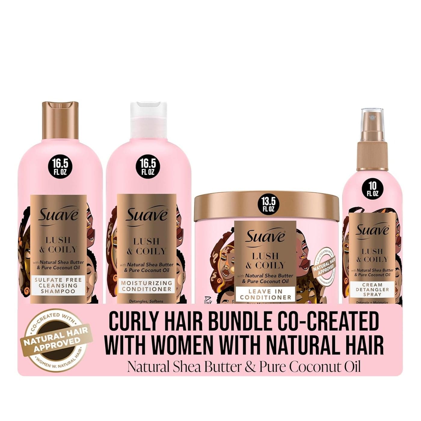 Suave Luscious Curly Hair Shampoo and Conditioner Set for Women With Natural Hair with LeaveIn Conditioner for Curly Hair and Detangling Spray 4 Count