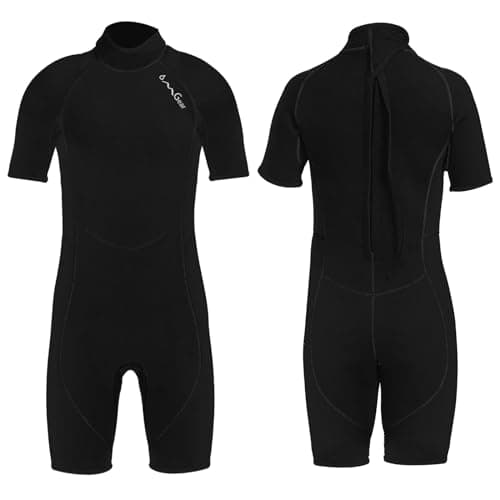 OMGear Wetsuit for Children 3mm Neoprene Shorty Suit Black Short Sleeve Dive Suit Thermal Swimwear Kids Junior Boys Scuba Diving Surfing Snorkeling Gear(Kid ShortBlack09,4)