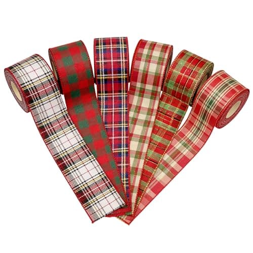 Meseey 15 Inch 30 Yard Red Green Plaid Wired Christmas Ribbon Tartan Fabric Ribbon for Gift Wrapping Tree Topper Bow Wreath Decoration Holiday Crafts