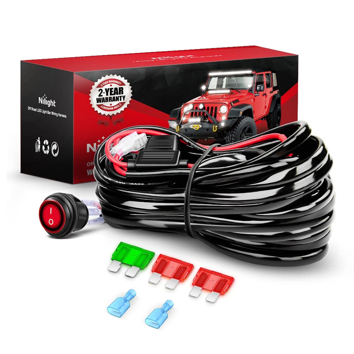Nilight Copper LED Light Bar Wiring Harness Kit 1 Lead 12AWG Heavy Duty 12V On Off Switch Power Relay Blade Fuse for Off Road LED Work Light2 Years Warranty