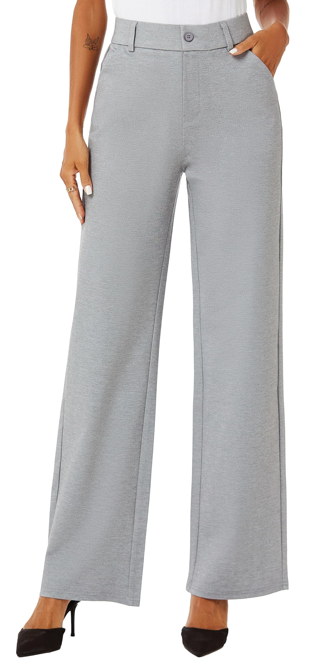 iChosy Womens High Waist Wide Straight Leg Trousers Casual Slacks Dress Pants with Pockets Grey 6 Regular