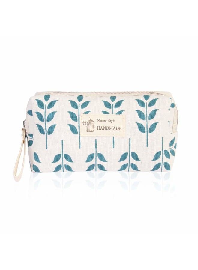 Portable Travel Clutch Cosmetic Makeup Pouch Bag - Toiletry Organizer Purse Wristlet Stripe, Floral, Plaid, Cork (Rectangle Pouch - Blue Leaf)