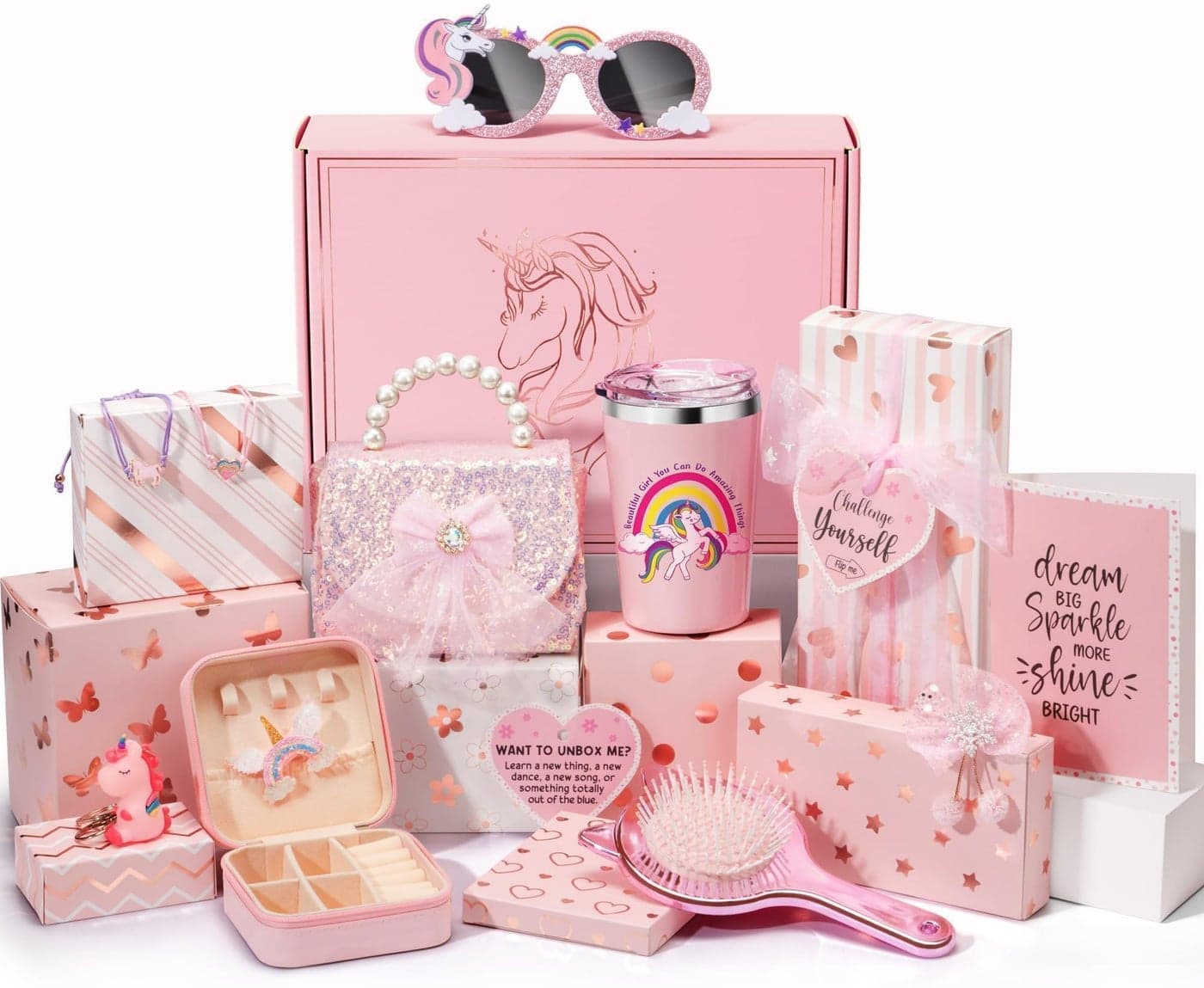 Unicorn Gifts for Girls, 8 Wrapped Christmas Birthday Gifts Set w/Positive Affirmation Cards & Empower Challenge, Unicorn Toy Tween Teen Girl Gifts Trendy Stuff for 4 5 6 7 8 9 10 11 12 Year Old Girl