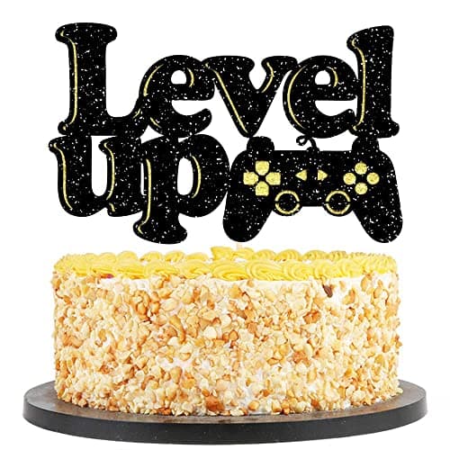 Festiko®Level Up Cake Topper - Video Game Party Cake Decoration Glittery Black Gold Birthday Cake Topper Gaming Theme Party Favor Supplies