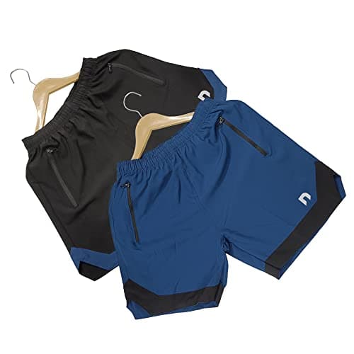 NEVER LOSE Men’s Quick-Dry Athletic Shorts | Premium Polyester Gym Shorts with Secure Zipper Pockets | Breathable Sports Shorts for Running, Yoga & Fitness (in, Alpha, XL, Regular, Black+T-Blue)