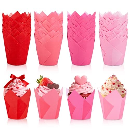 Whaline 200Pcs Valentine's Day Tulip Cupcake Liners Muffin Baking Cups Gradient Red Pink Cupcake Wrappers for Wedding Anniversary Party Supplies Table Decor
