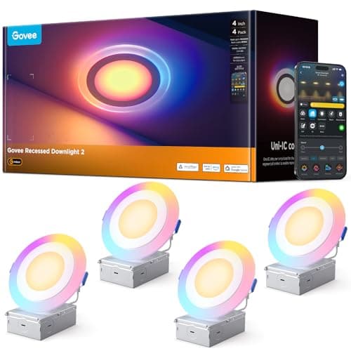 Govee Smart Recessed Lighting 4 inch, RGBIC LED Recessed Light Compitable with Matter and Alexa, 2700K-6500K Dimmable 900LM Canless Downlight with Junction Box for Bedroom, 4 Pack