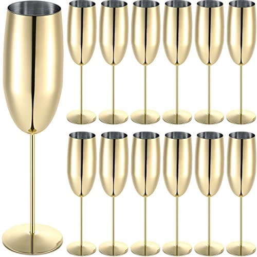 Yinder Champagne Flutes Bulk 8.5 oz Wine Glasses Stainless Steel Stemmed Flutes with Box Unbreakable Toasting Glasses for Wedding Anniversary Parties Gifts Pool(Gold,12 Pack)