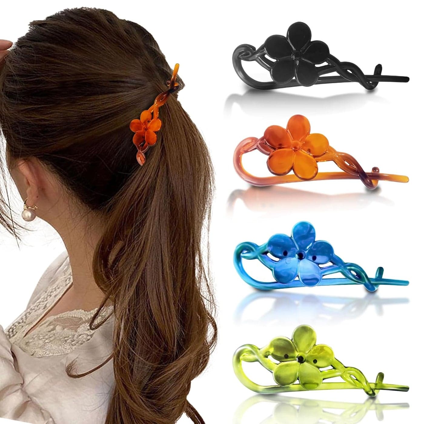 Sanas Flower Hair Clip 4Pcs Self Lock Banana Fancy Hair Accessories For Women Banana Hair Clips Korean Acrylic Hair Clips Twisted Hair Clips French Clips 4Pcs