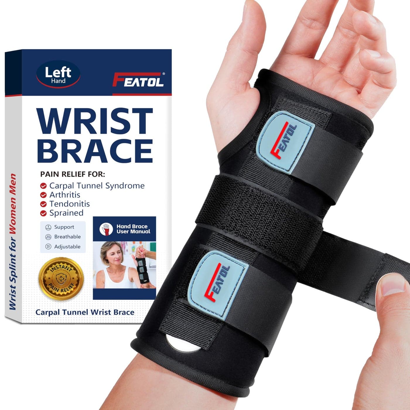 FEATOL Wrist Brace FSA HSA Eligible Hand Brace Carpal Tunnel Wrist Splint Night Support for Women Men Pain Relief Support Tendonitis Arthritis Sprain Left Hand SmallMedium