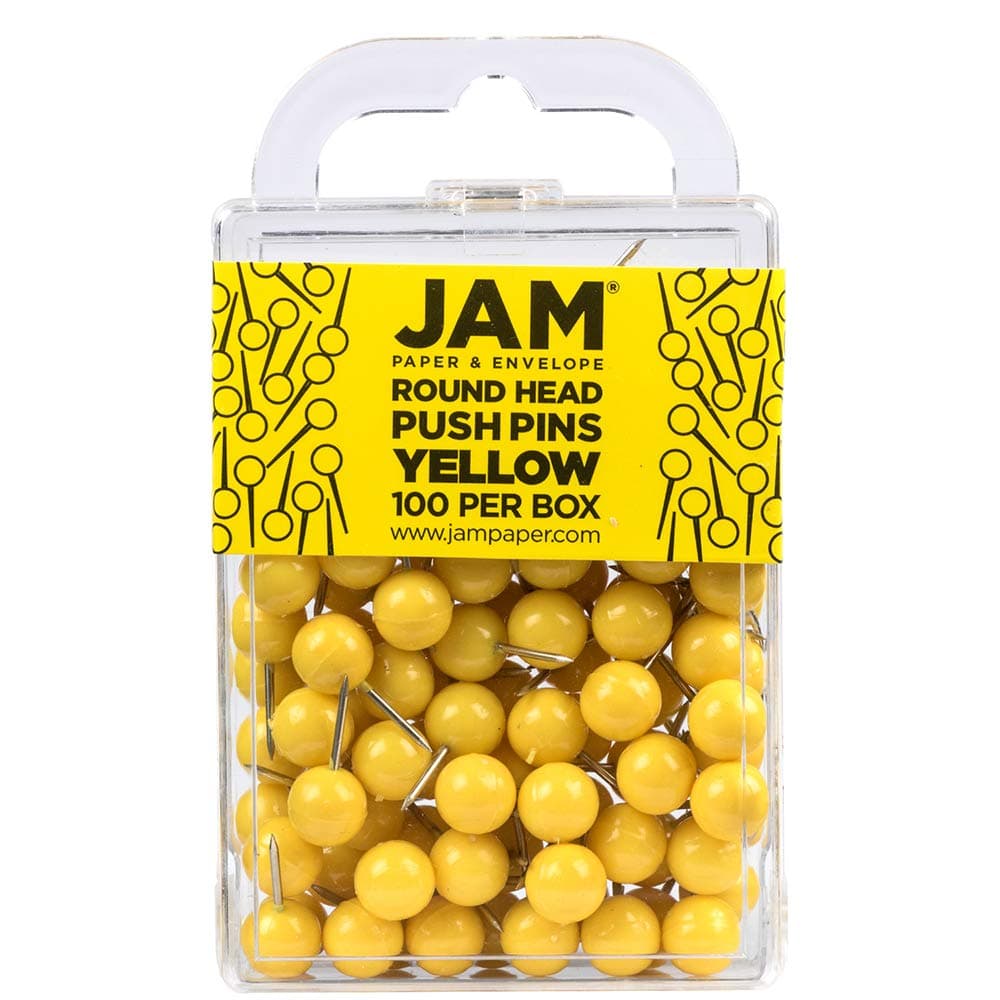 JAM PAPER Colorful Push Pins Round Head Map Thumb Tacks Yellow Pushpins 100Pack