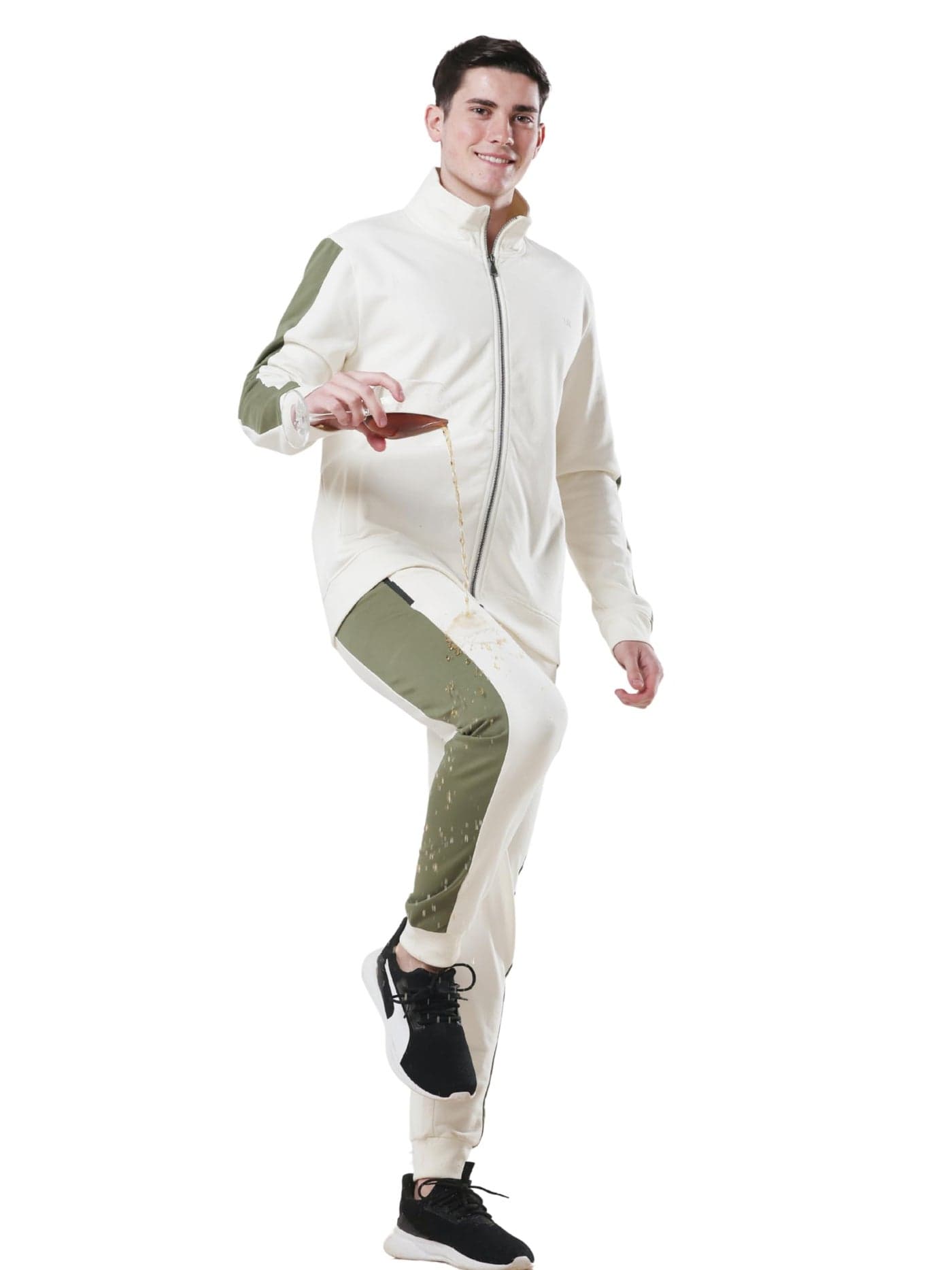 TURMS Water Repellent Men's Co-Ord Set | Anti Stain Anti Odor Travel Edition Stylish Off-White, Green Tracksuit | Solid Cotton Blend Breathable Jacket & Pants Secured Pockets