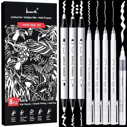 Brusarth White Ink Pens Set Fine Point White Gel Pens DualTip Acrylic Paint Pen Fine Round Brush Tip Acrylic Markers for Black Paper Drawing Sketching Illustration Card Making
