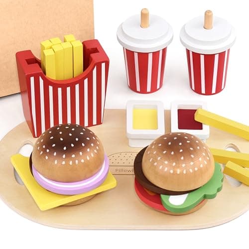 Pillowhale Wooden Play Food Toy for Kids Pretend Play Kitchen Accessories for Toddlers Wooden Play Fast Food Hamburger Set Educational Toys Gift for Boys Girls