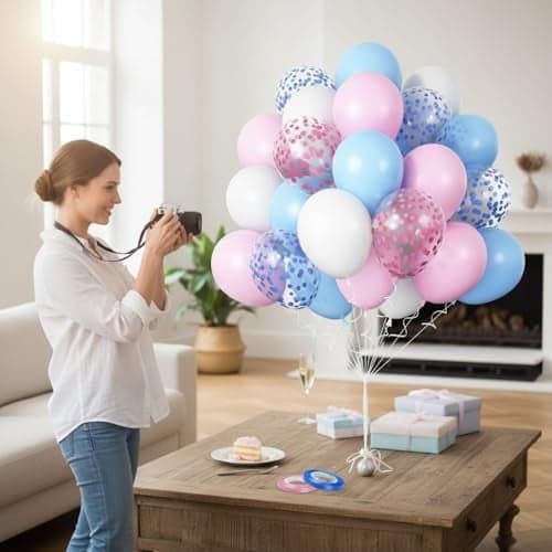 Toys Treasure 60 Pcs Pink Blue and White Confetti Balloons for Birthday Baby Shower Engagement Anniversary Wedding Bridal Shower Graduation Decoration (Pink Blue White)
