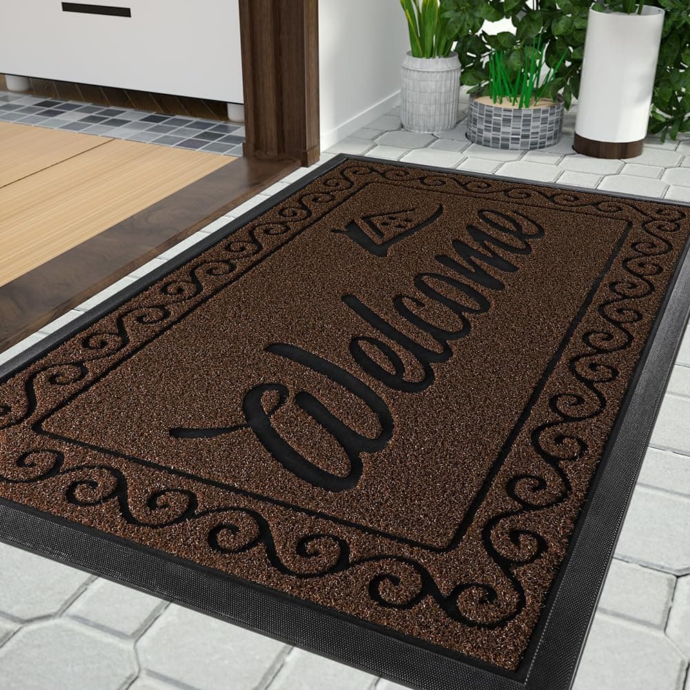 Yimobra Welcome Mat Heavy Duty Sturdy Door Mats for Home Entrance Outdoor Indoor Front Doormat for Outside Patio Floor Entry Porch Garage Office Waterproof Low Profile 36x24 Coffee