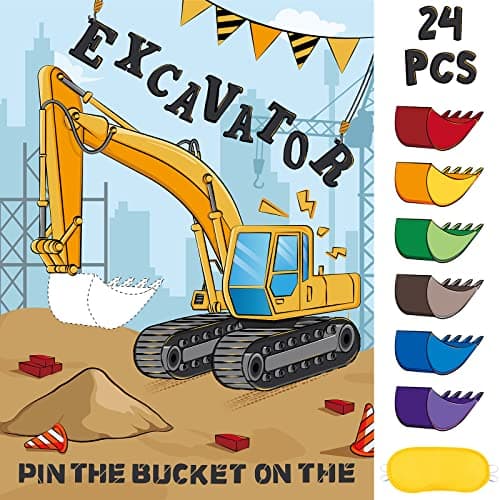WERNNSAI Pin The Bucket on The Excavator Games Construction Birthday Party Supplies Kids Pin The Truck Party Games for Kids Birthday Family Activities Truck Poster with 24 Pcs Stickers